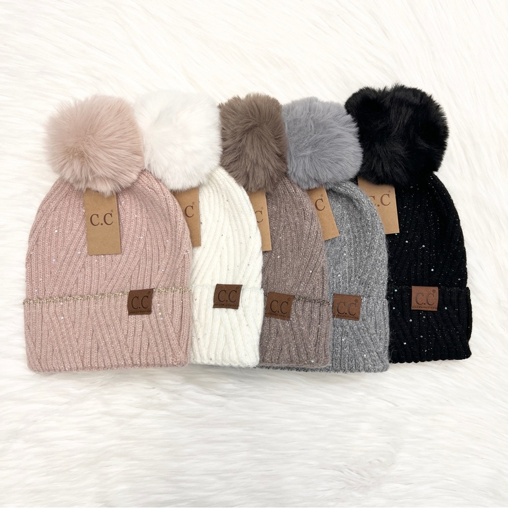 C.C Diagonal Sparkly Cuff Pom Beanie Adults, CC Winter Hat, CC Winter Beanie